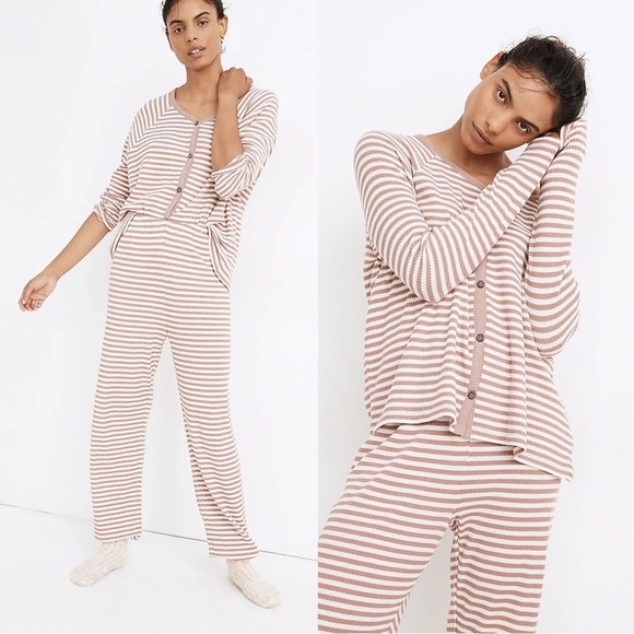 Madewell Other - Madewell • Waffle Knit Pajama set top pants Lorain Stripe pink cream knit pjs